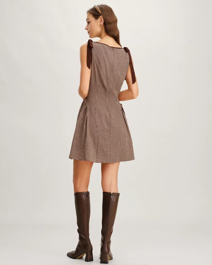 Brown Plaid Tie Strap Mini Dress Brown Plaid Tie Strap Mini Dress