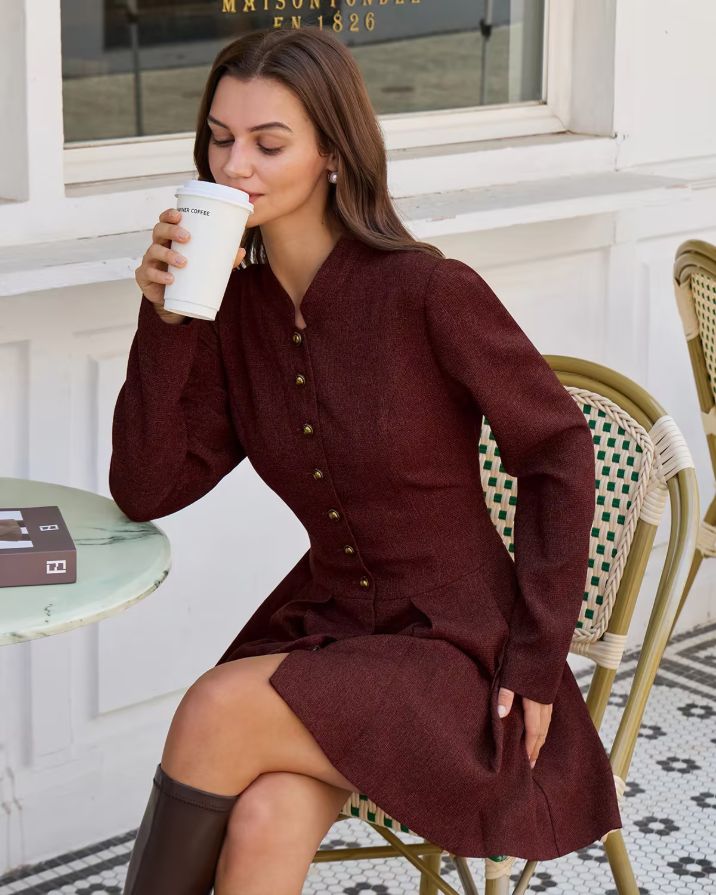 Wine Red Pleated Button Mini Dress Wine Red Pleated Button Mini Dress