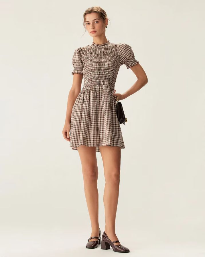 Coffee Plaid Puffed Sleeve Mini Dress Coffee Plaid Puffed Sleeve Mini Dress