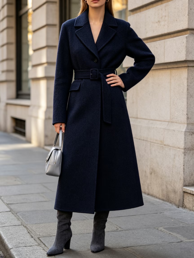 Lapel Belted Coat-Style Midi Dress Fall Outerwear Dress