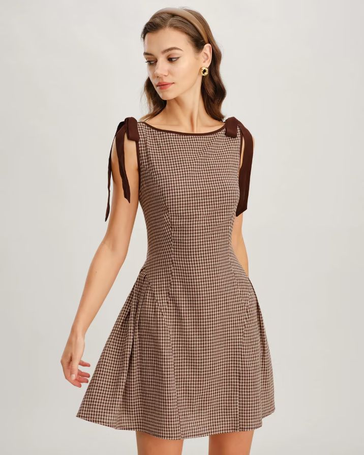 Brown Plaid Tie Strap Mini Dress Brown Plaid Tie Strap Mini Dress