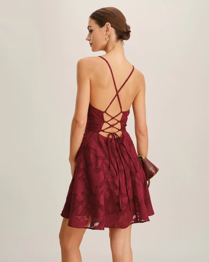 Wine Red Floral Backless Slip Mini Dress Wine Red Floral Backless Slip Mini Dress