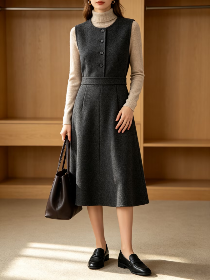 Sleeveless Round Neck Button Midi Dress Fall Layerable Dress