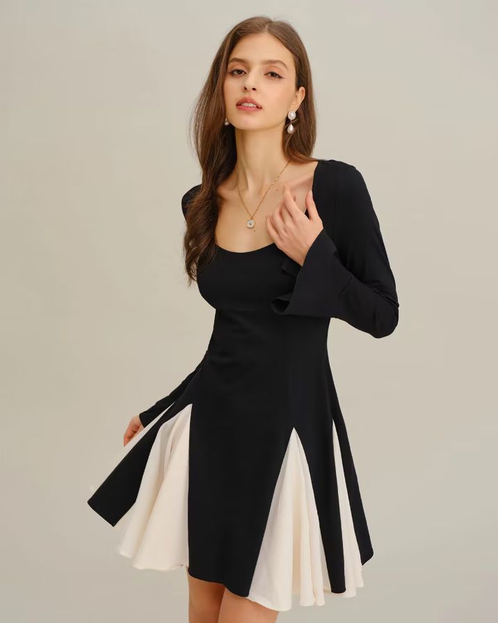 Black Contrasting Bell Sleeve Mini Dress Black Contrasting Bell Sleeve Mini Dress