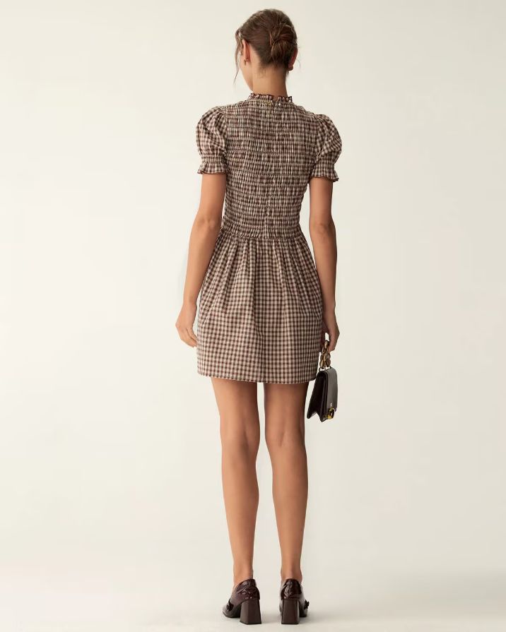 Coffee Plaid Puffed Sleeve Mini Dress Coffee Plaid Puffed Sleeve Mini Dress