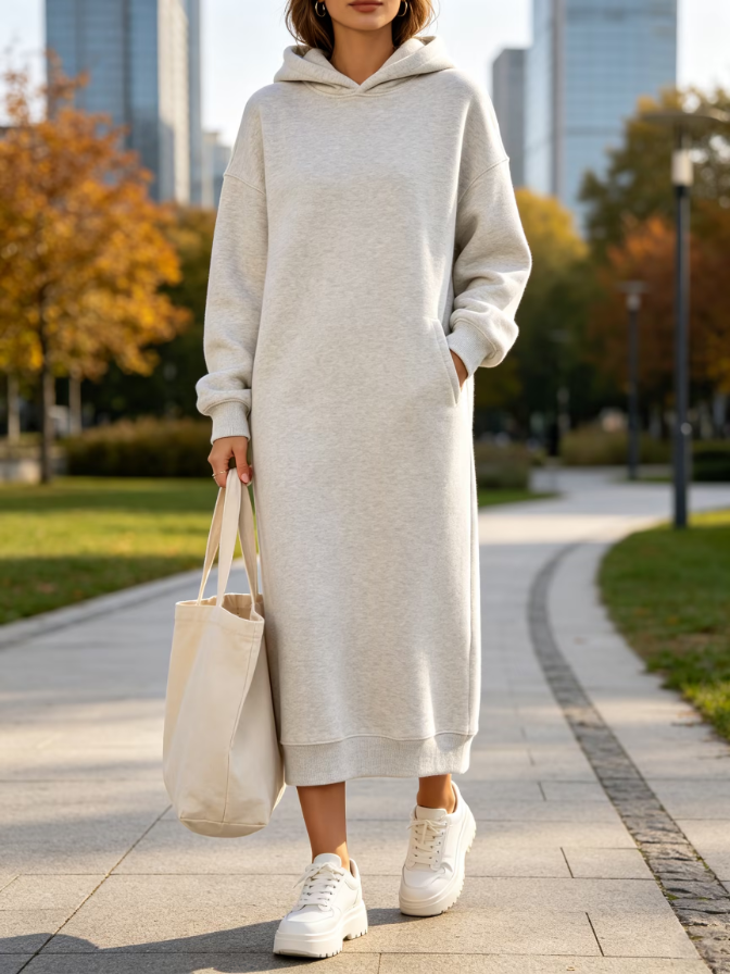 Hooded Long Sweatshirt Midi Dress Loose Casual Daily Dress