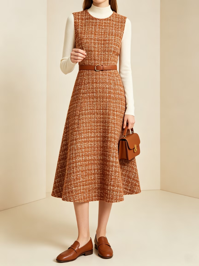 Sleeveless Round Neck Tweed Midi Dress Elegant Layer Dress Sleeveless Round Neck Tweed Midi Dress Elegant Layer Dress