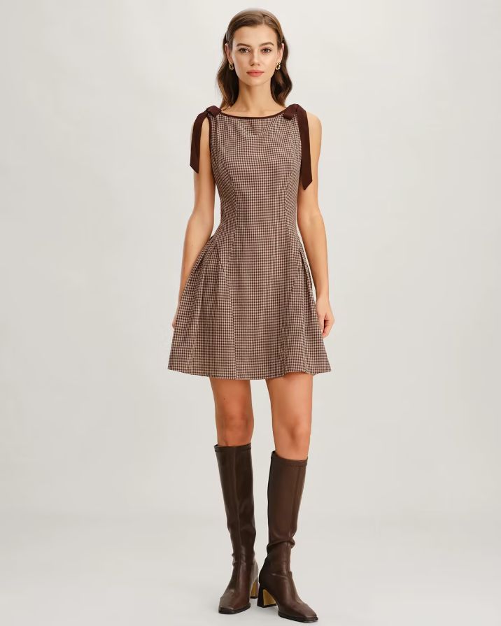 Brown Plaid Tie Strap Mini Dress Brown Plaid Tie Strap Mini Dress