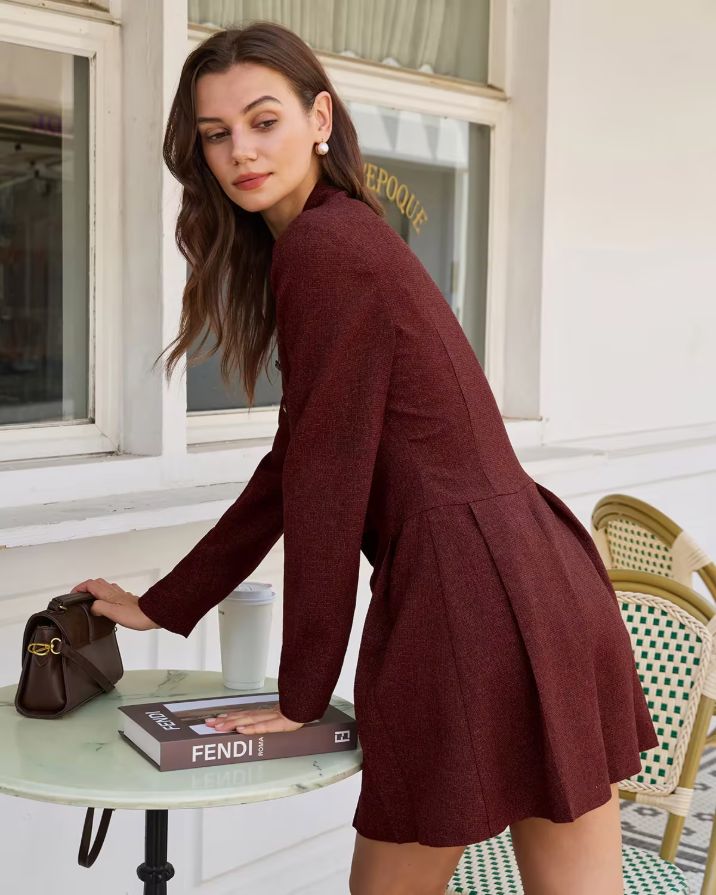 Wine Red Pleated Button Mini Dress Wine Red Pleated Button Mini Dress