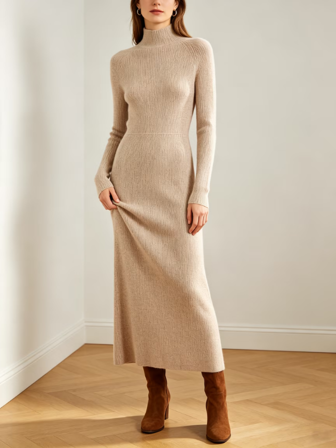Fall Turtleneck Ribbed Knit Midi Dress Slim Bodycon Long Dress