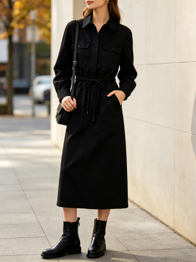 Collared Utility Cargo Midi Dress Drawstring Waist Dress