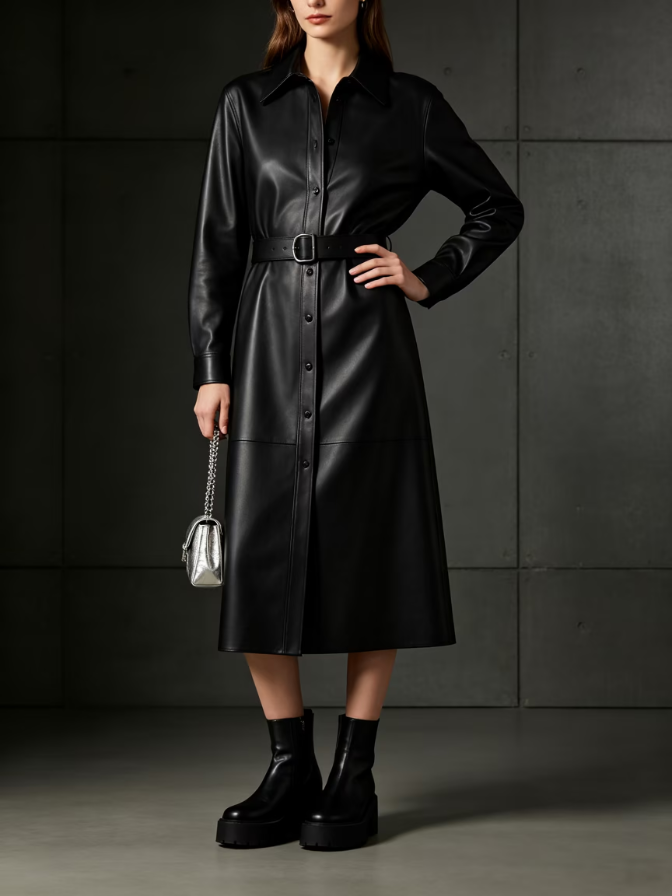 Collared Faux Leather Midi Shirt Dress With Belt