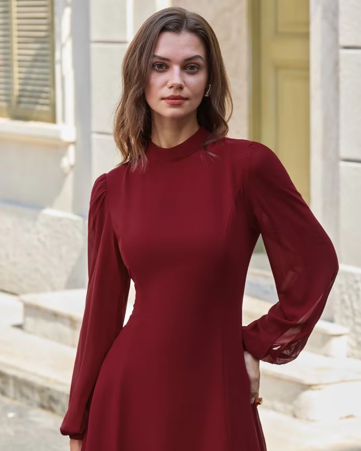 Red Mock Neck See-Through Mini Dress Red Mock Neck See-Through Mini Dress