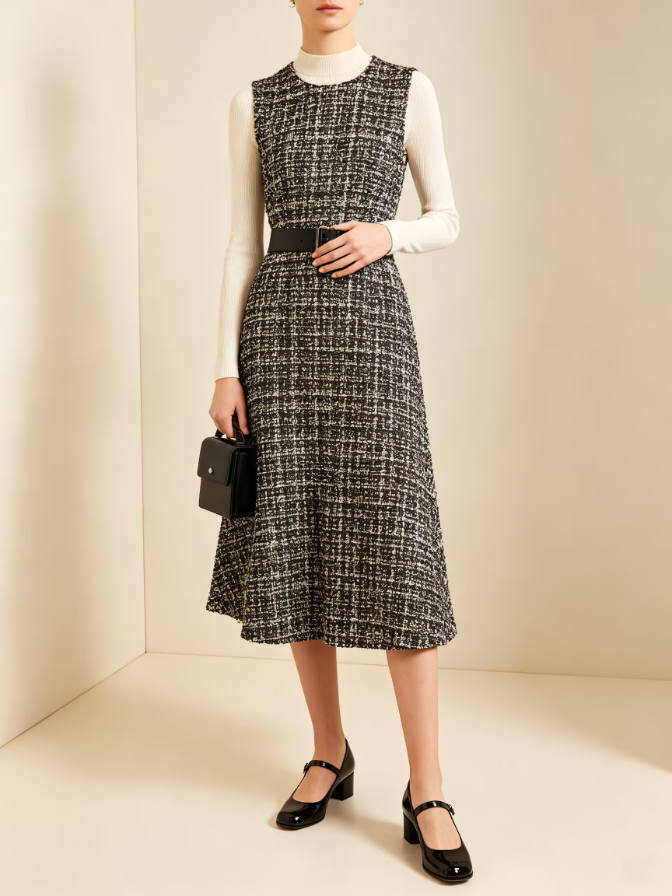 Sleeveless Round Neck Tweed Midi Dress Elegant Layer Dress