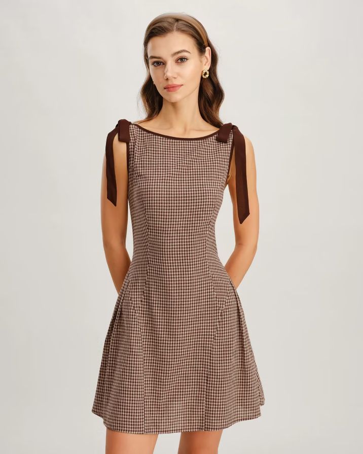 Brown Plaid Tie Strap Mini Dress Brown Plaid Tie Strap Mini Dress