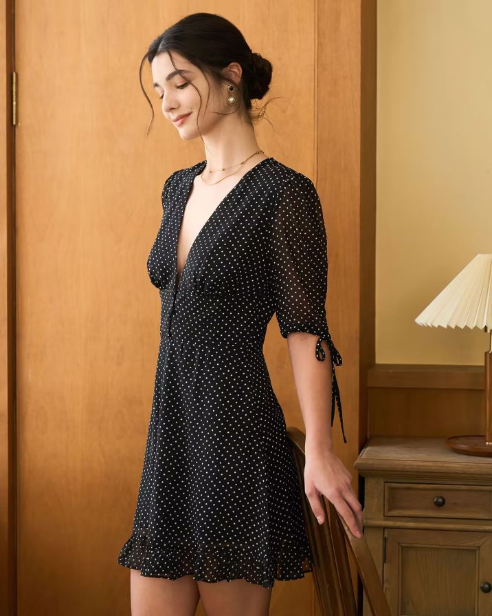 The Black Deep V Neck Polka Dot Mini Dress The Black Deep V Neck Polka Dot Mini Dress