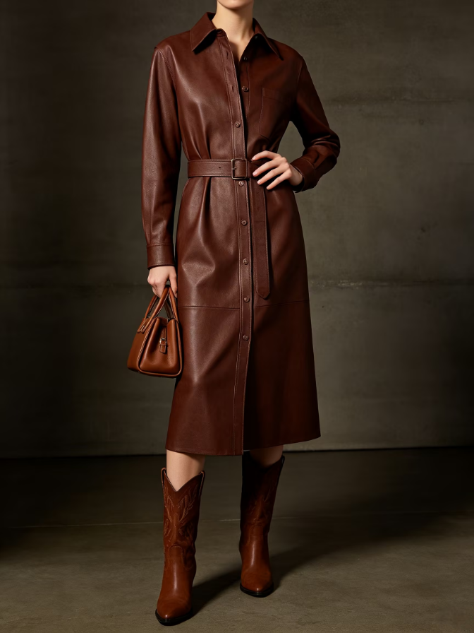 Collared Faux Leather Midi Shirt Dress With Belt