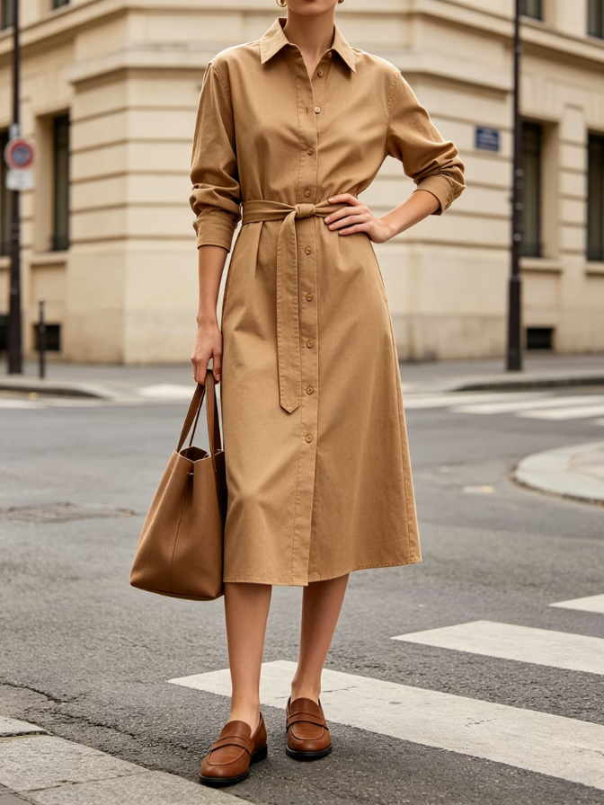 Collared Button Front Midi Shirt Dress With Self‑tie Belt Collared Button Front Midi Shirt Dress With Self‑tie Belt