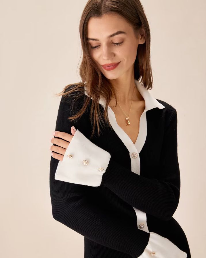 Black Contrasting Bell Sleeve Sweater Dress Black Contrasting Bell Sleeve Sweater Dress