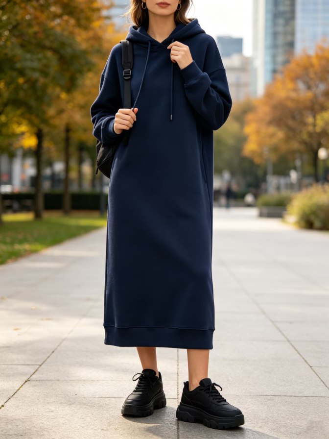 Hooded Long Sweatshirt Midi Dress Loose Casual Daily Dress