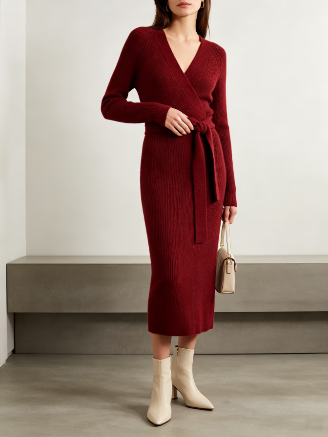 Fall V-Neck Wrap Knit Midi Dress Self-Tie Belt Long Dress