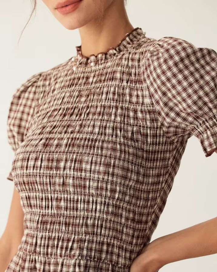 Coffee Plaid Puffed Sleeve Mini Dress Coffee Plaid Puffed Sleeve Mini Dress