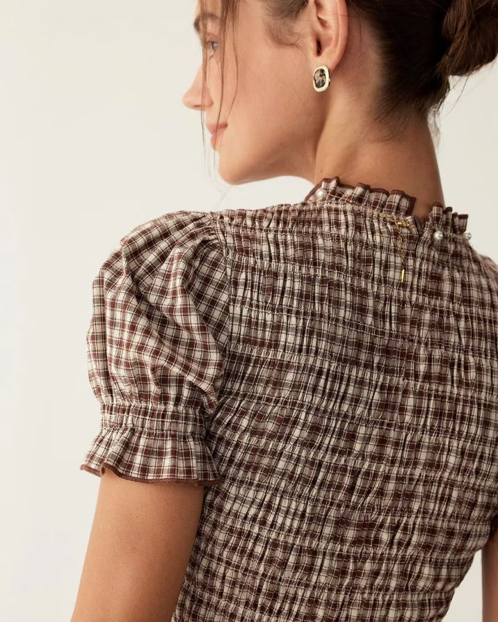Coffee Plaid Puffed Sleeve Mini Dress Coffee Plaid Puffed Sleeve Mini Dress