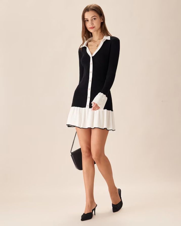 Black Contrasting Bell Sleeve Sweater Dress Black Contrasting Bell Sleeve Sweater Dress
