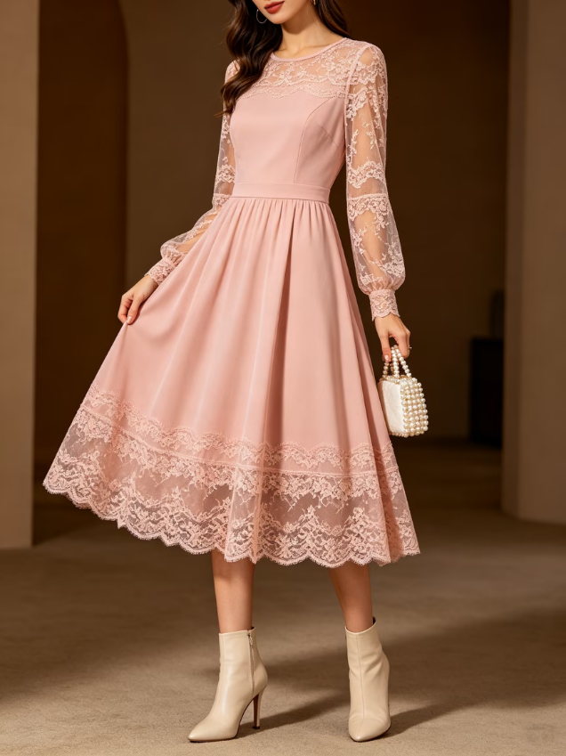 Long Sleeve Lace Spliced Midi Dress Elegant Evening Dress