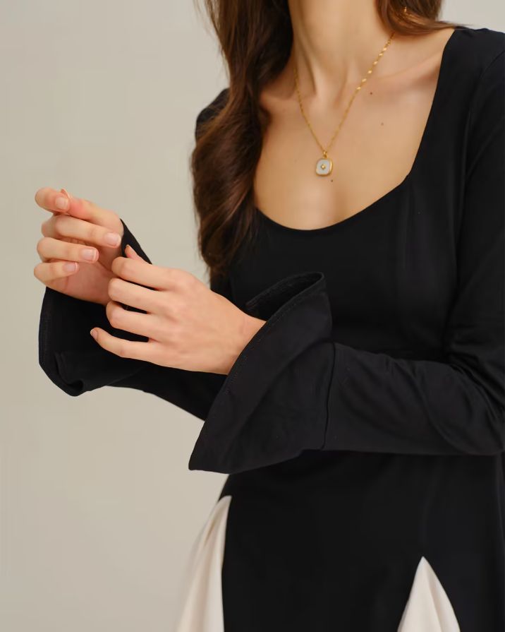 Black Contrasting Bell Sleeve Mini Dress Black Contrasting Bell Sleeve Mini Dress