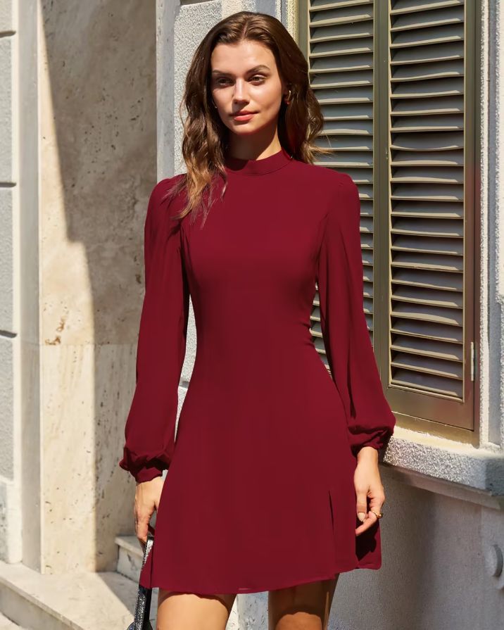 Red Mock Neck See-Through Mini Dress
