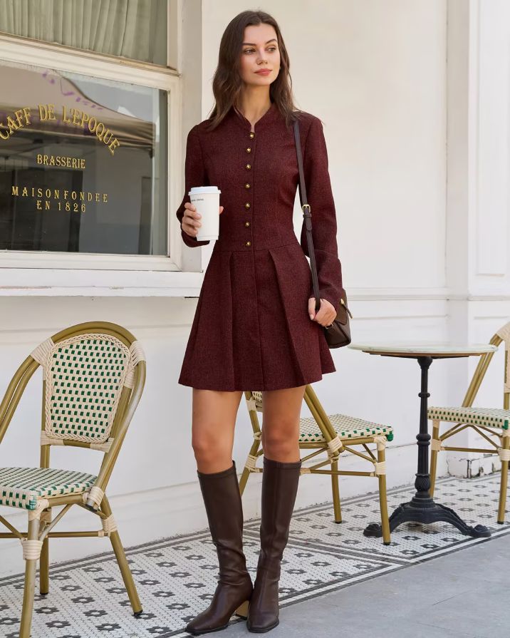 Wine Red Pleated Button Mini Dress Wine Red Pleated Button Mini Dress