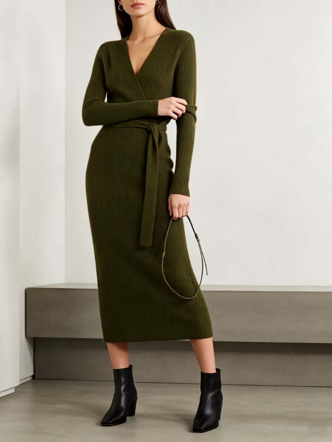 Fall V-Neck Wrap Knit Midi Dress Self-Tie Belt Long Dress Fall V-Neck Wrap Knit Midi Dress Self-Tie Belt Long Dress