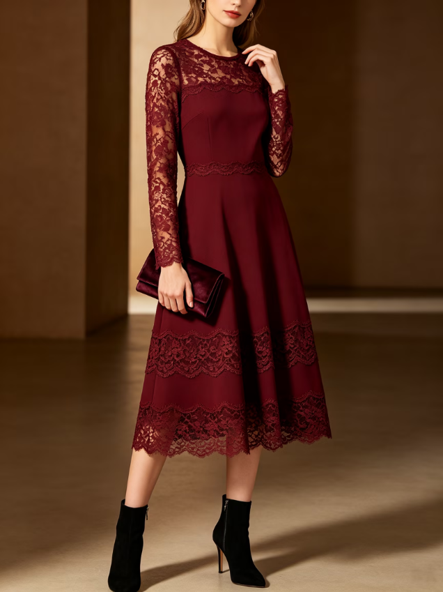 Long Sleeve Lace Spliced Midi Dress Elegant Evening Dress Long Sleeve Lace Spliced Midi Dress Elegant Evening Dress