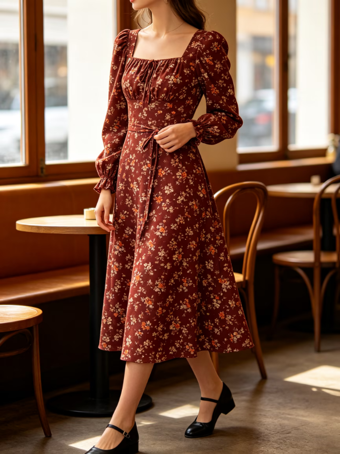 Square Neck Puff Long Sleeve Midi Dress Bohemian Floral Dress Square Neck Puff Long Sleeve Midi Dress Bohemian Floral Dress